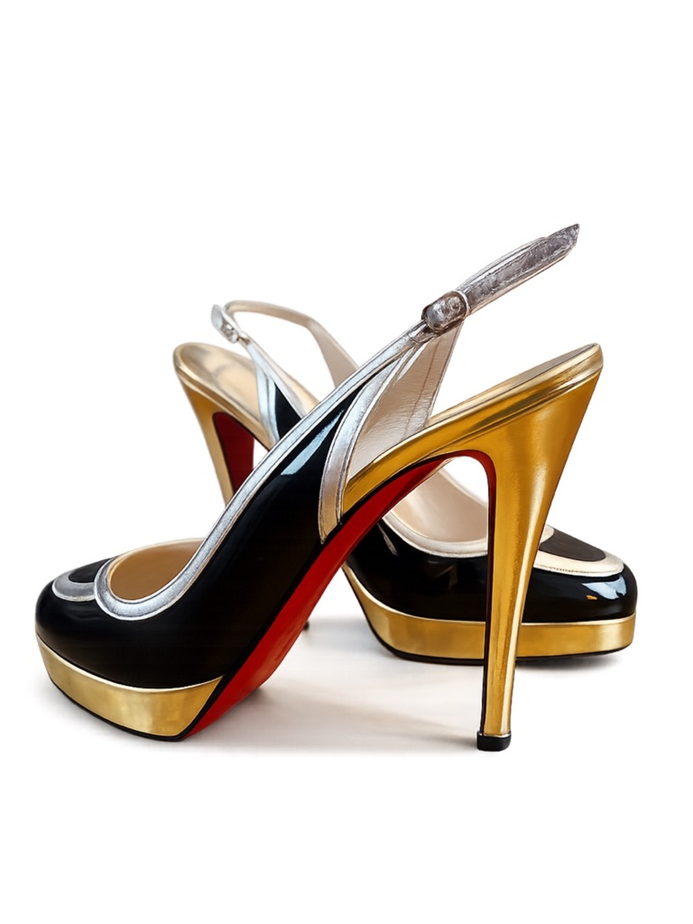 Christian Louboutin FoxTrot Slingback Sculpted Heels Peep Toe Gold Black 7.5